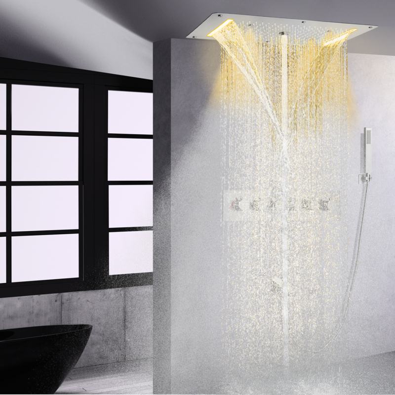 Thermostatic Shower Head Set 700 X 380 MM Brushed Nickel LED Bathroom Waterfall Spray Bubble Rains