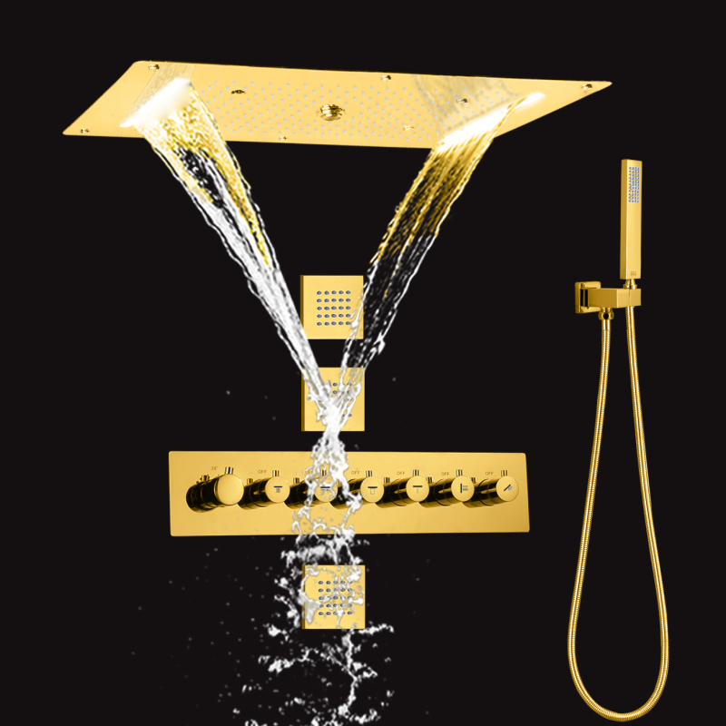 Gold Polished Thermostatic 700X380MM in Wall Mounted Rain Concealed Shower Set Rainfall Waterfall