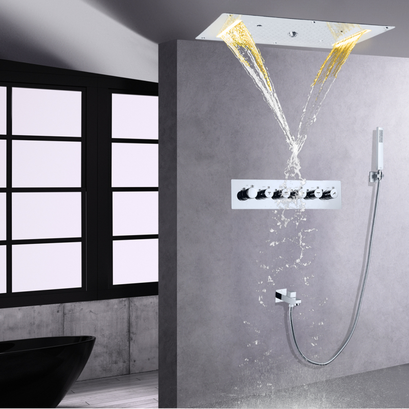 Chrome Polished Large High Flow Thermostatic Ceiling Shower Head Set LED Waterfall Spray Rains Faucets With Hand Hold