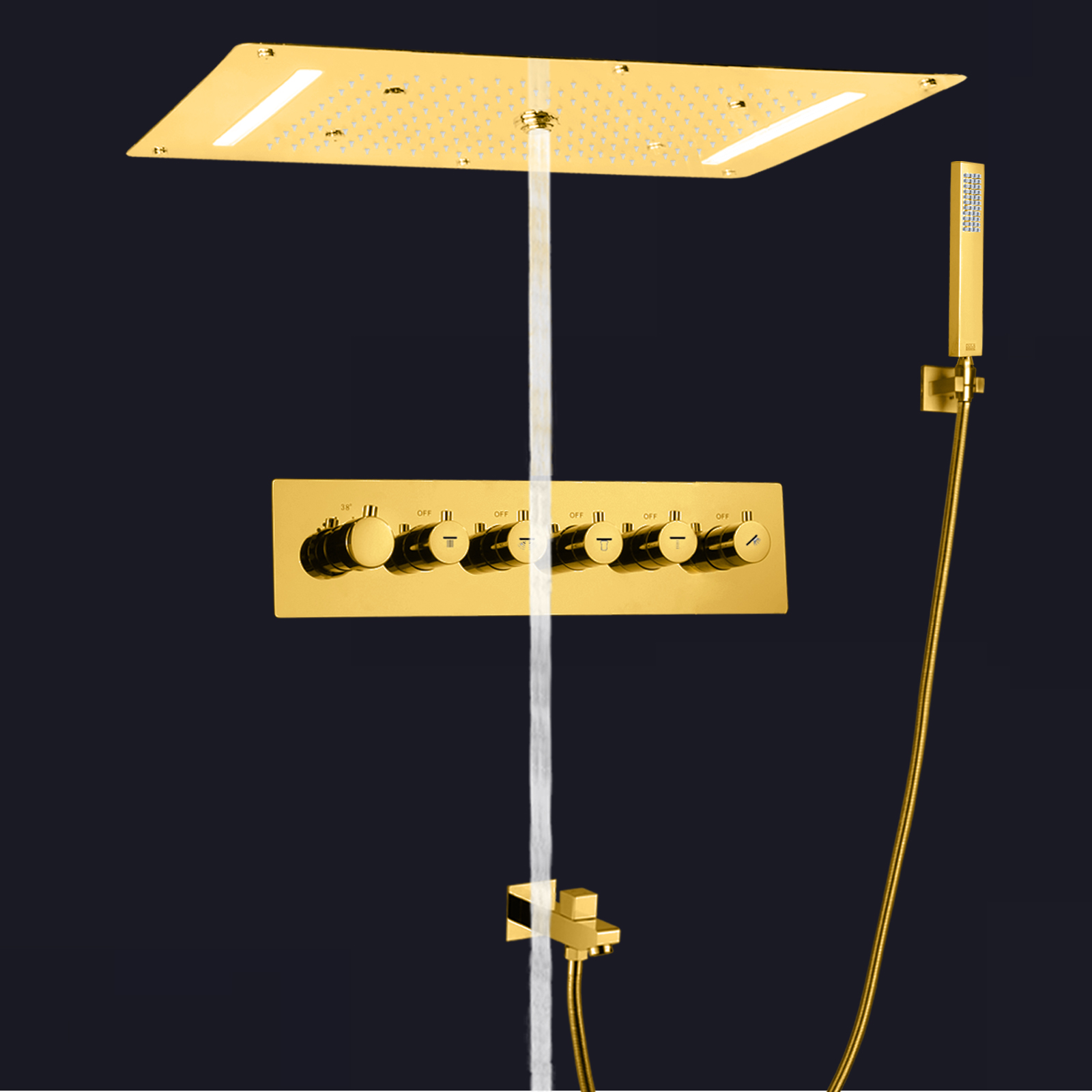 Gold Polished Thermostatic Shower Faucet Set 700X380MM Bathroom Concealed Shower Waterfall Rainfall Shower System