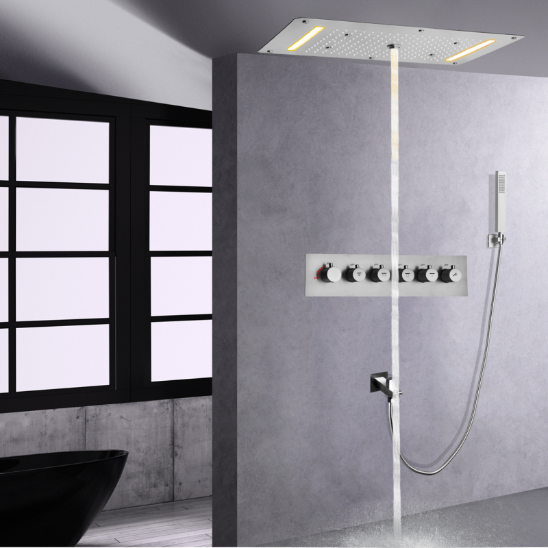 Modern Shower Set 700 X 380 MM Ceiling Waterfall LED Brushed Nickel Brass Shower Valve Thermostatic Rainfall