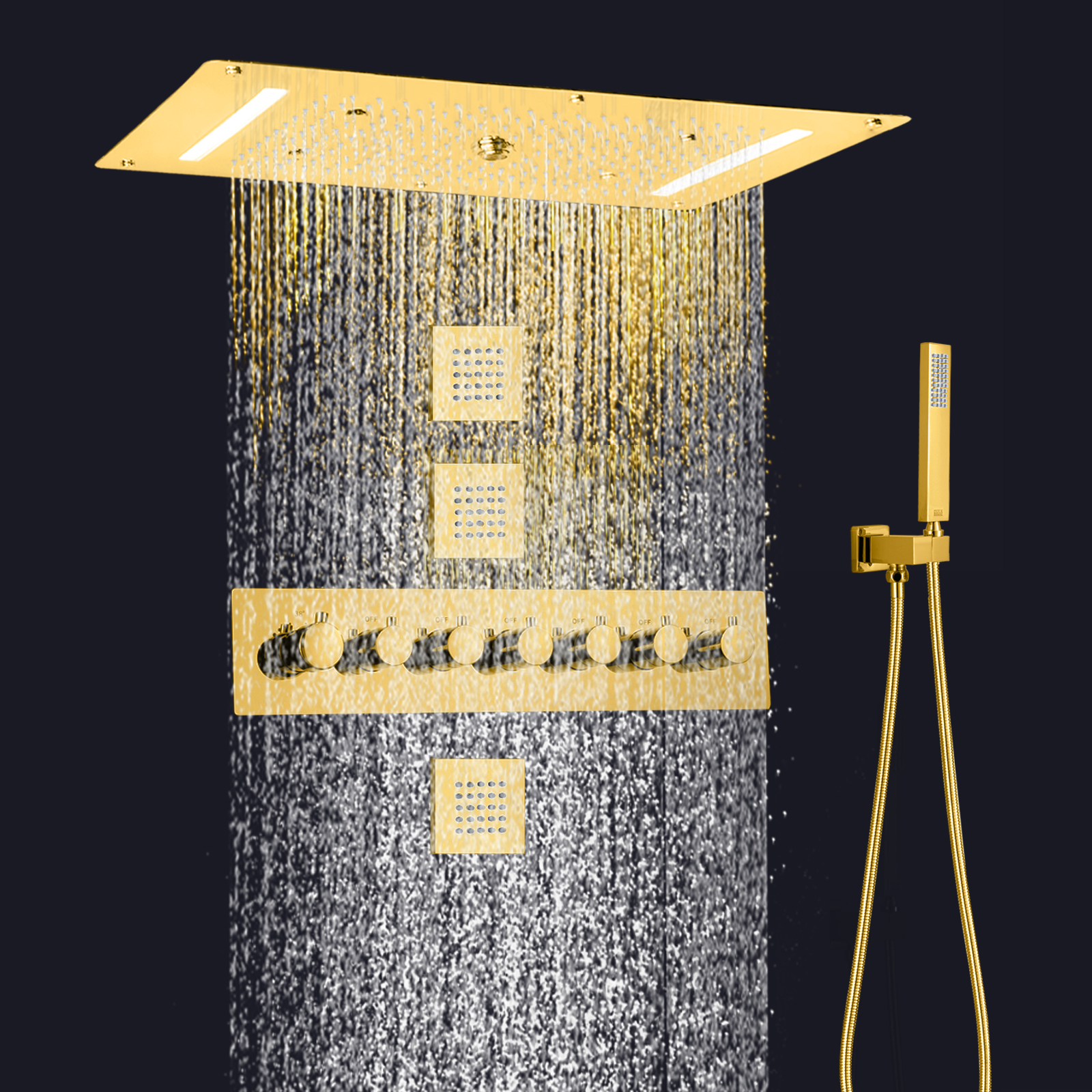 Gold Polished 700 X 380 MM Luxurious LED Thermostatic Shower System Rainfall Waterfall Shower Mixer Hand Hold