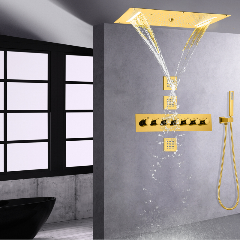 Thermostatic Gold Polished 700 X 380 MM Luxurious LED Ceiling Shower System Rainfall Waterfall Shower Mixer With Hand Hold