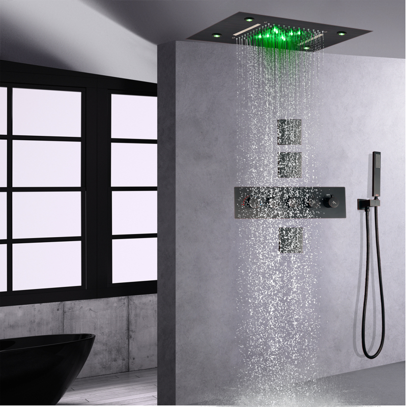 Oil Rubbed Bronze Thermostatic LED Rain Shower System Embed Bathroom Waterfall Rainfall With Hand Hold