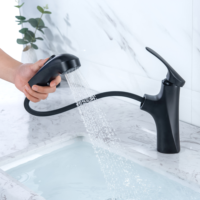 Matte Black Bathroom Faucet Single Handle Basin Mixer Full Out Double Water Functions Head Contemporary Sink Mixer