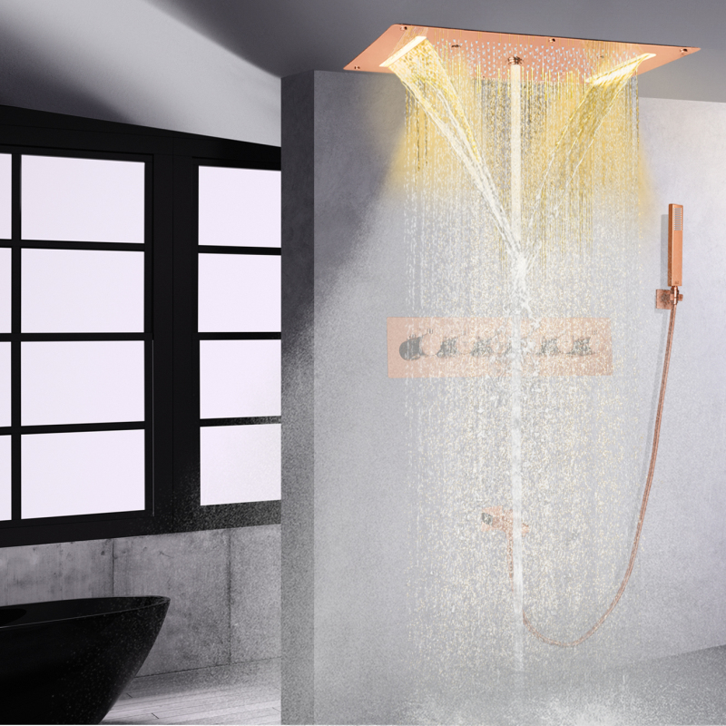Rose Gold Ceiling Rain Thermostatic LED Shower Head With Handheld Spray Concealed Bath Shower Set