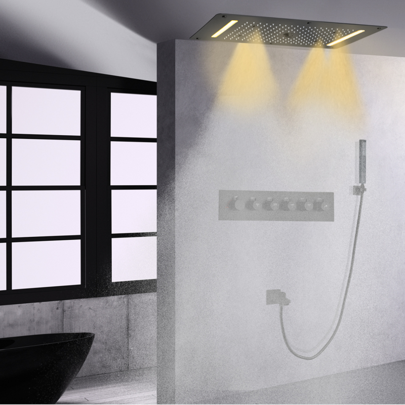 Matte Black LED Thermostatic Shower Faucet Set Bathroom Ceiling Panel Waterfall Spray Bubble Rain With Handheld