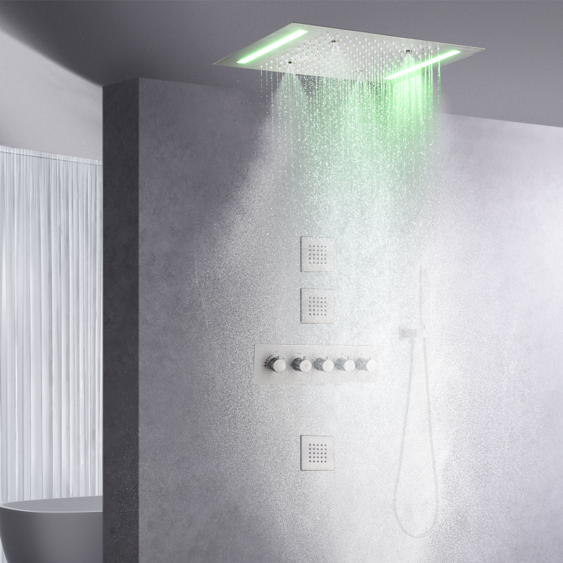Brushed Nickel Thermostatic Shower Faucet 14 X 20 Inch LED Luxury Bathroom Rain Mist Shower System Set