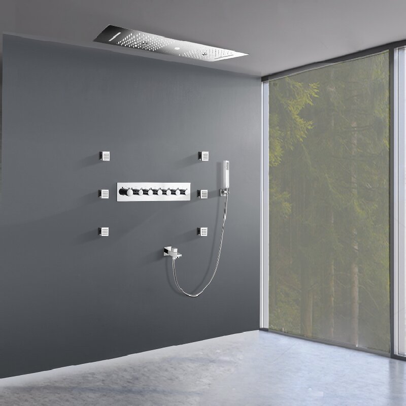Modern Ceiling Mounted Bathroom Rain Shower Trim Set Contemporary Concealed Thermostatic Shower Faucet System with 6 Jets