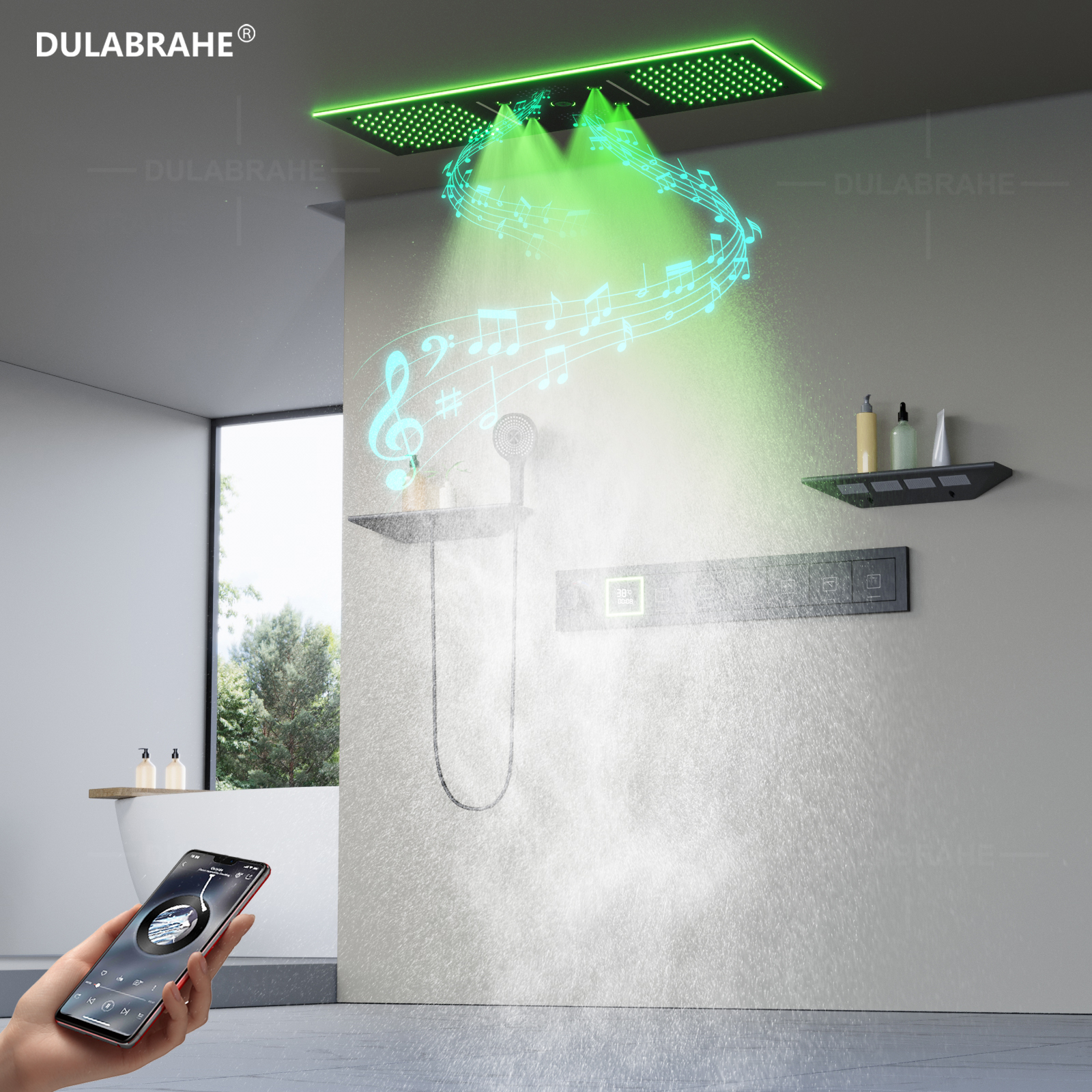 Black Recessed 36*12 Inch Music LED Shower Head Bathroom Constant Temperature Rain Waterfall Shower Head Massage SPA