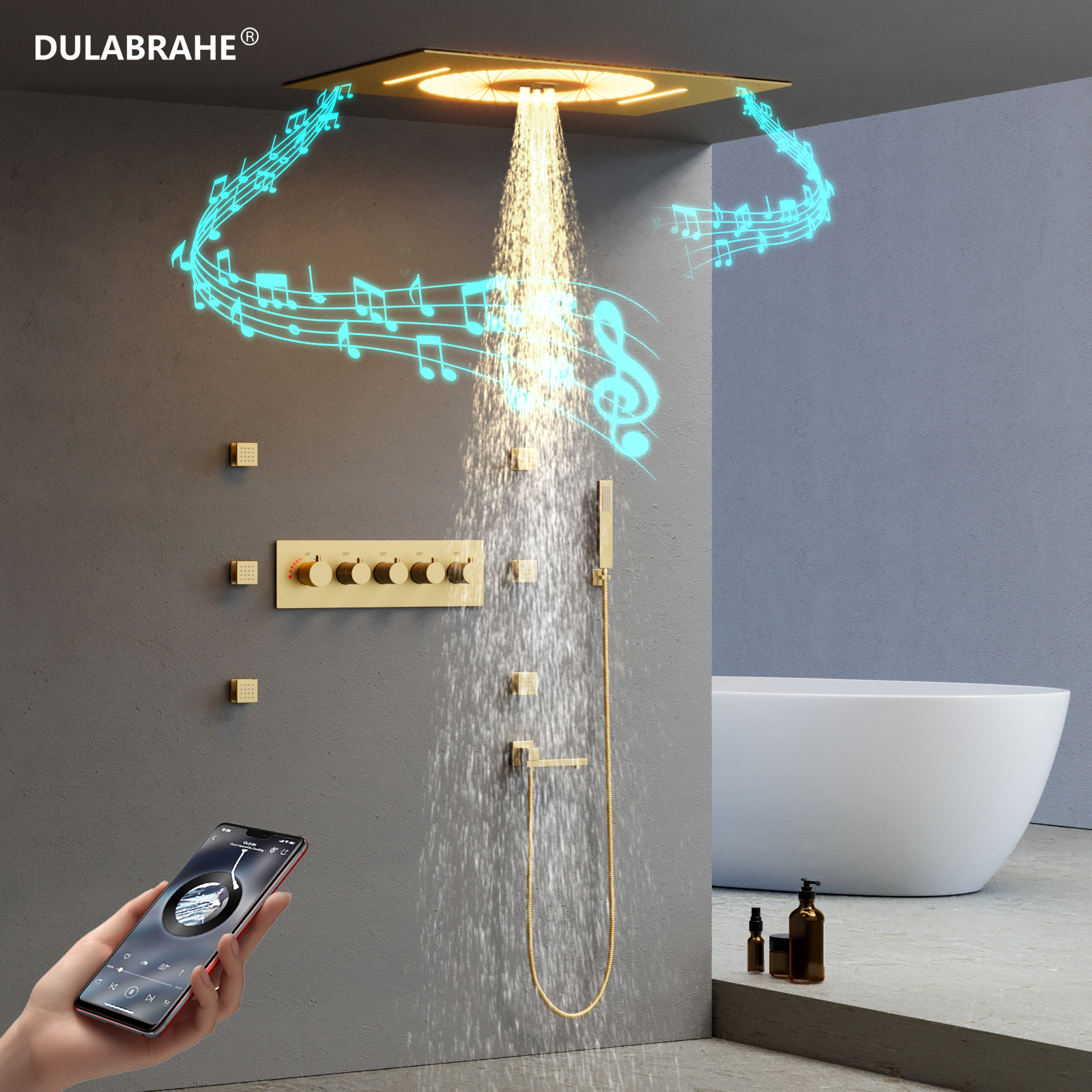 Brushed Gold Brass Shower Thermostat Set, LED Musical Tub Shower Faucet System, Side Spray Head, Massage Spa