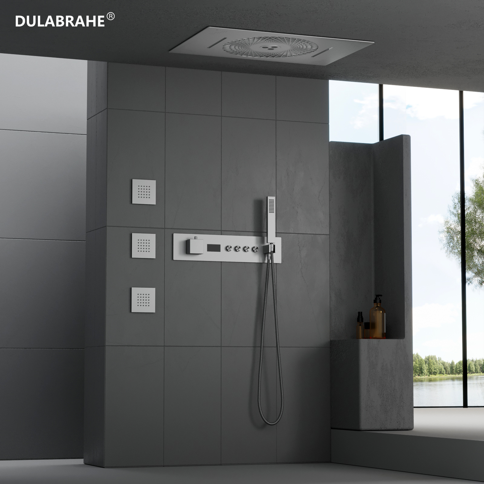 Ceiling Recessed Brushed LED Shower Head with Digital Display Waterfall Column Bathroom Thermostatic Shower Head Set System