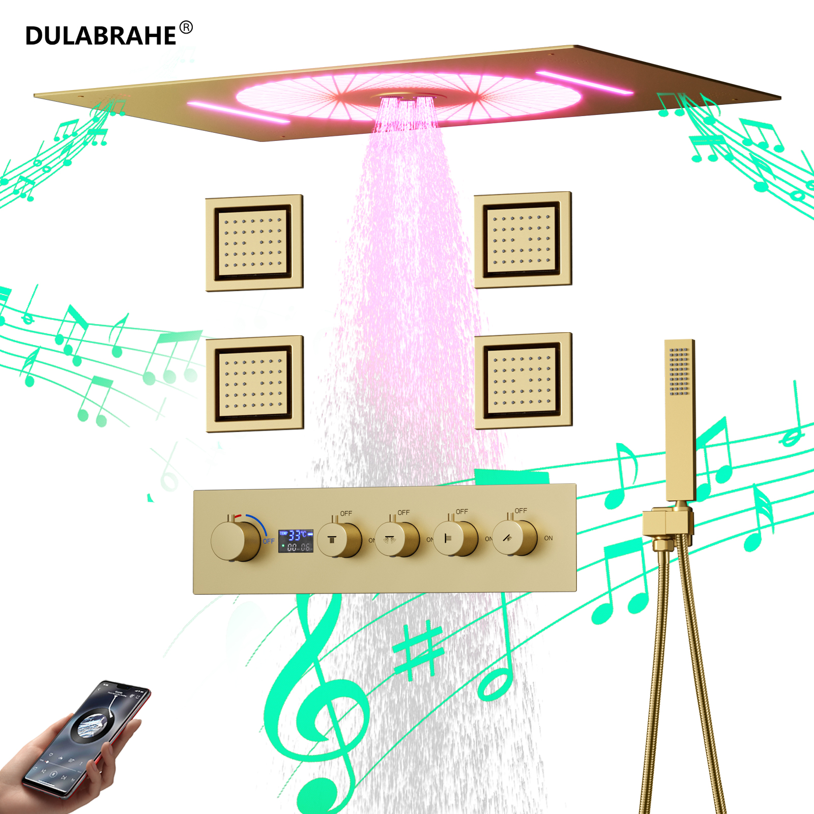 Brushed Gold Music LED Shower System Rain Shower Head Set with Digital Hot And Cold Mixing Valve