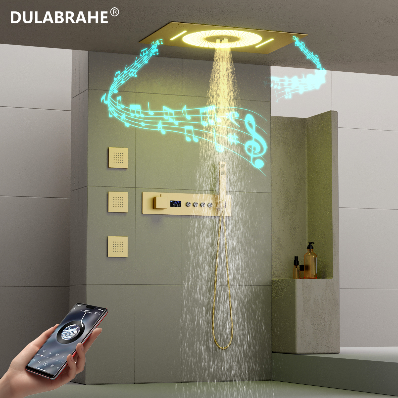 Luxury Square Brushed Gold Thermostatic LED Light Music Water Column Waterfall Head Home Shower Set System Shower Combo Faucet