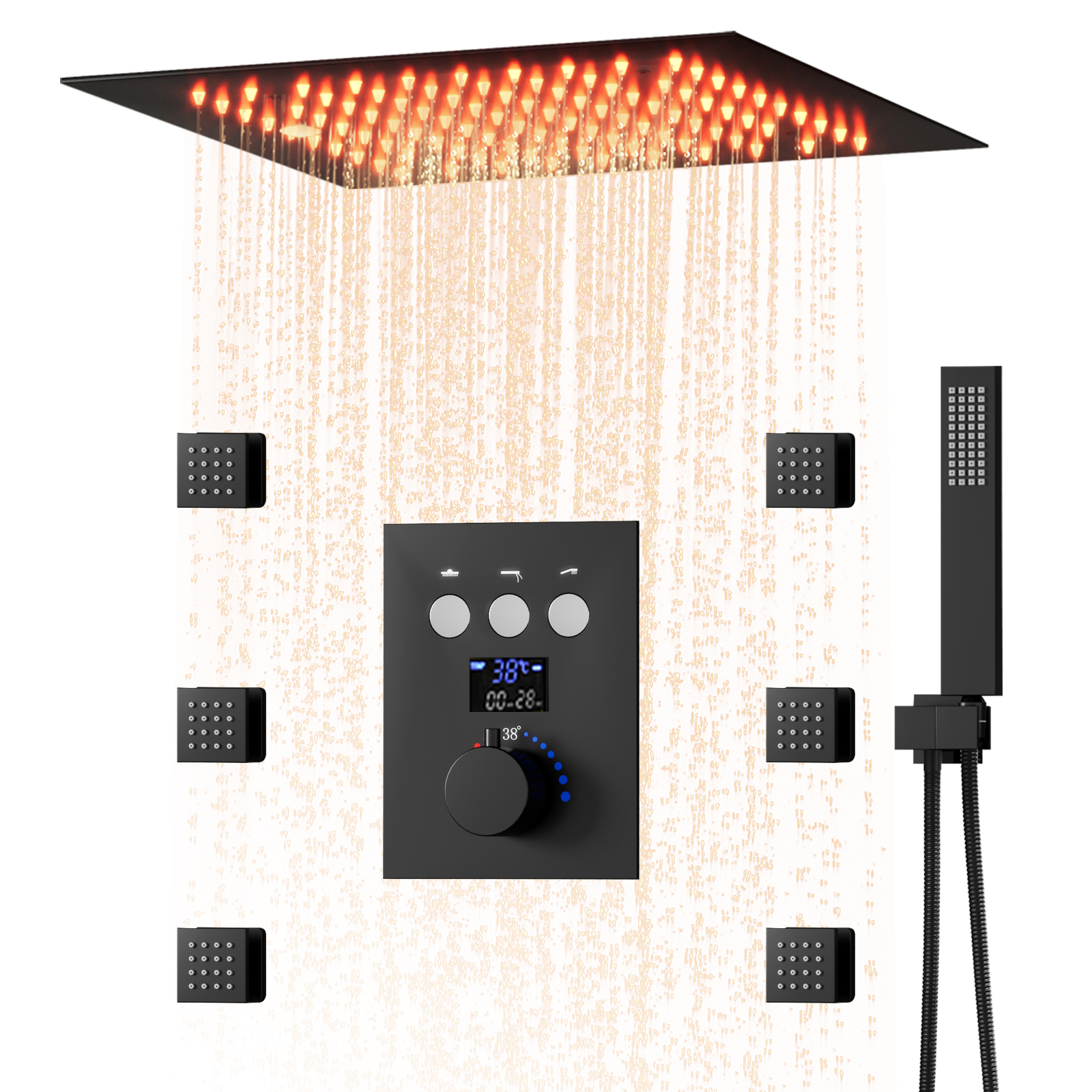 Thermostat 64 LED Color Rain Shower System 3 Function Buttons Digital Display Shower Valves Faucet Set