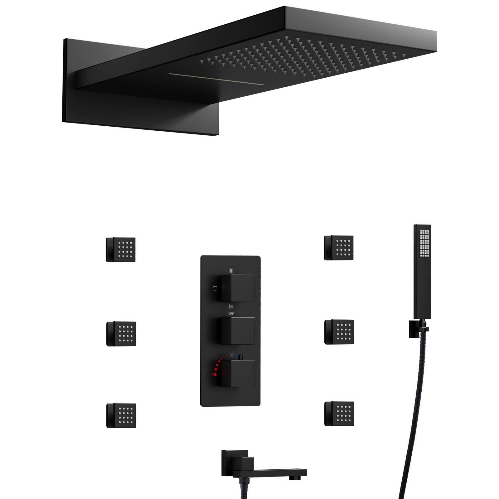 Black Shower Head Set Rain Gauge Bathroom Wall Mounted Brass Faucet Bathtub Waterfall Shower Faucet System