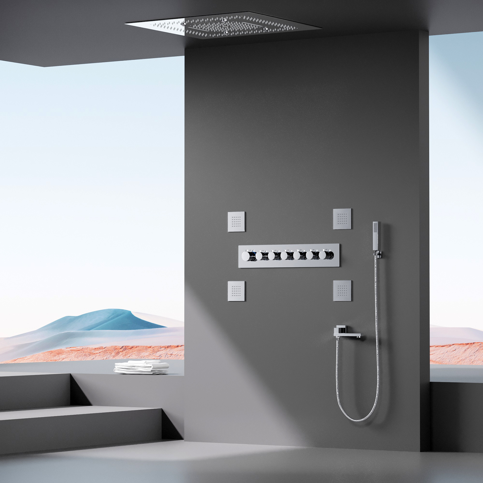 Shower Tap Set Bathroom 18" Rain And Spa Fog Ceiling Showerhead with Thermostat Shower Valve Body