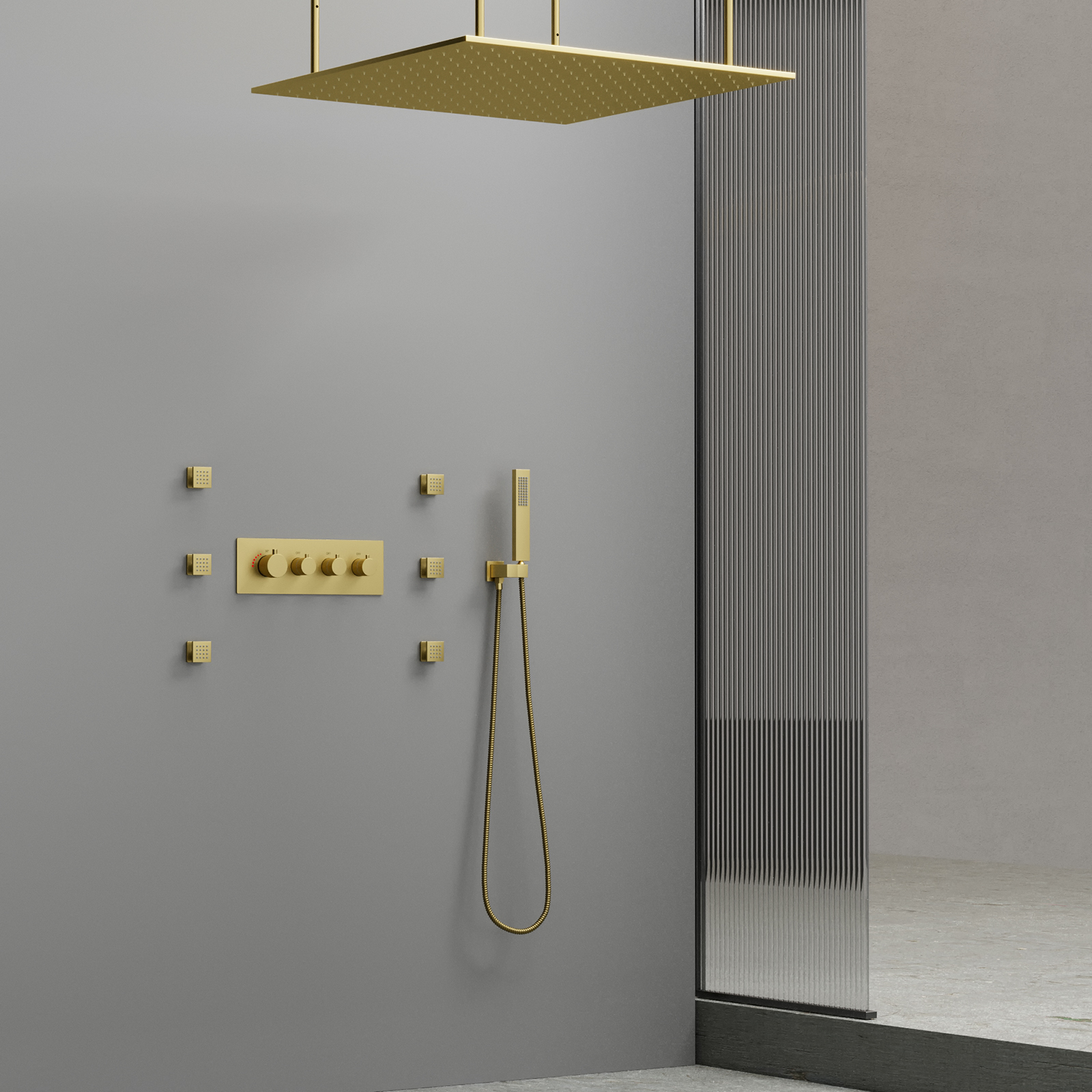 Brushed Gold Luxury Shower System Rain Led Shower Head Ceiling Rain Shower Thermostatic Mixing Valve Handheld Sprayer