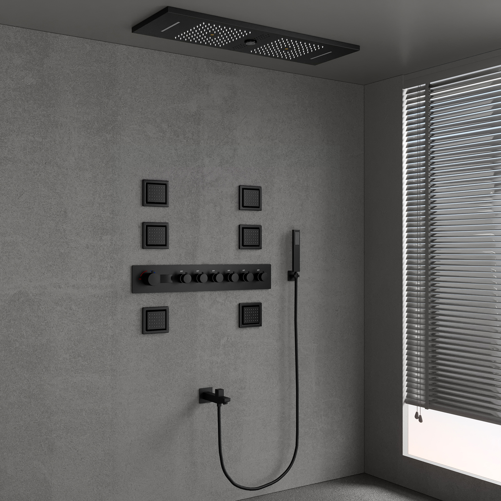 900X300MM Matte Black Bluetooth Music LED Shower Valve System Is Divided into Hidden Shower Set