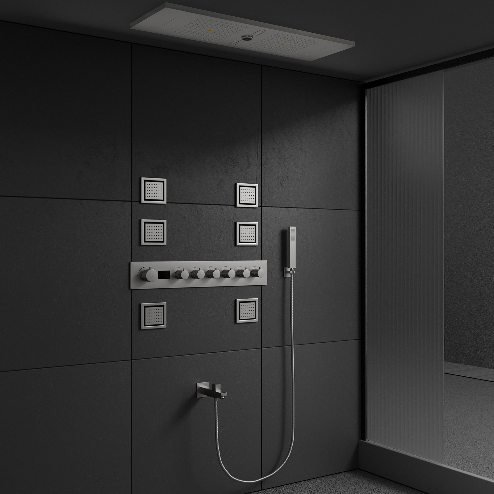 Ceiling Mounted LED Shower Head with Built-in Music Speaker, Digital Display Shower Valve System, Bathroom Shower Faucet Set