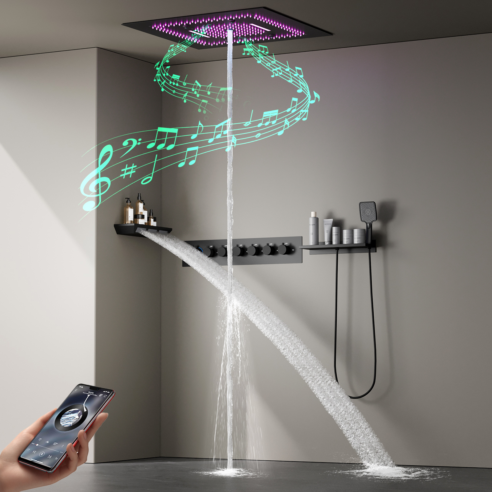 600*600mm Bathroom Ceiling LED Constant Temperature Shower Head Set with Rain Waterfall Multifunctional Shower Faucet Kit
