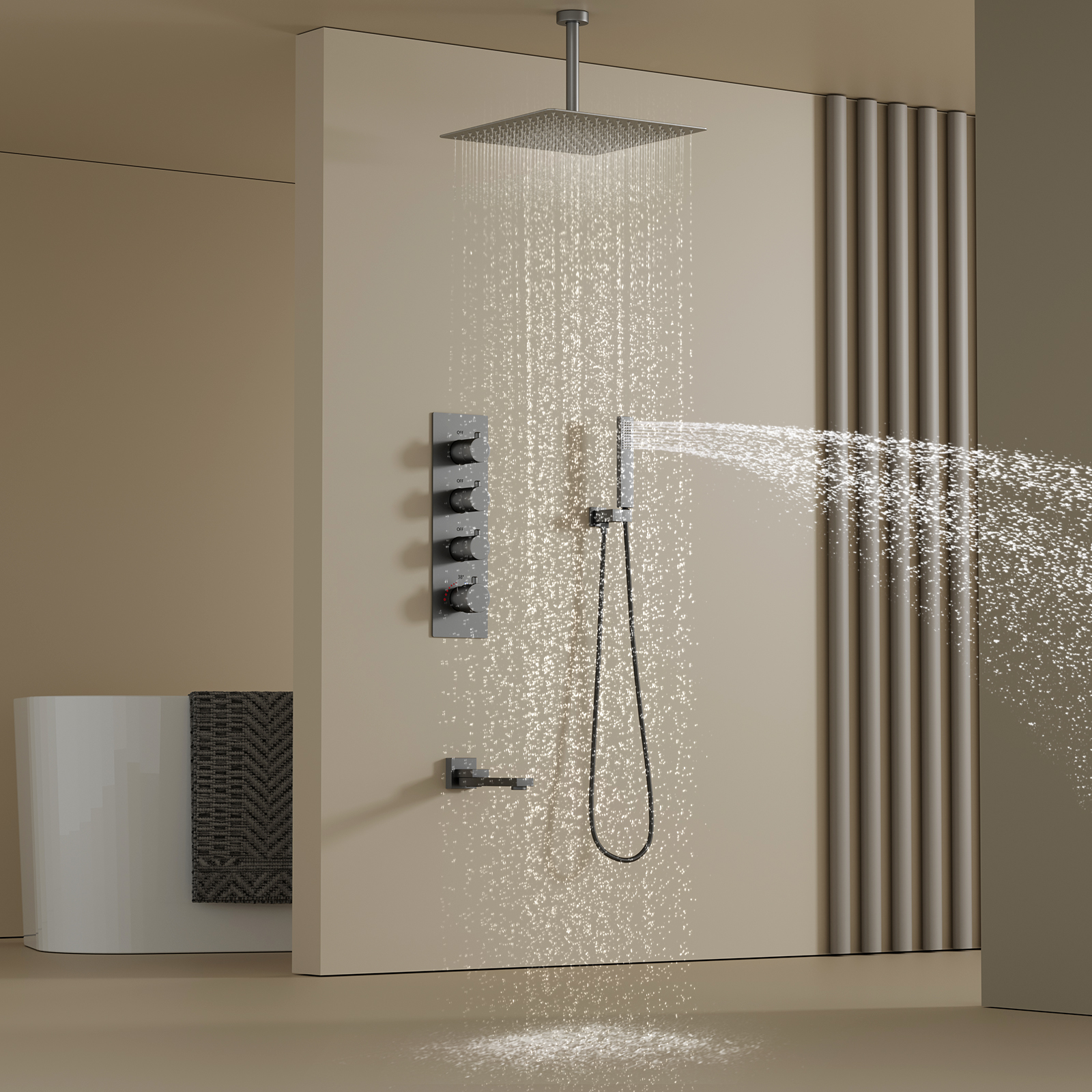 Brass Gun Grey 3 Function Bathroom Rain Shower System with Shower Head And Hose Set