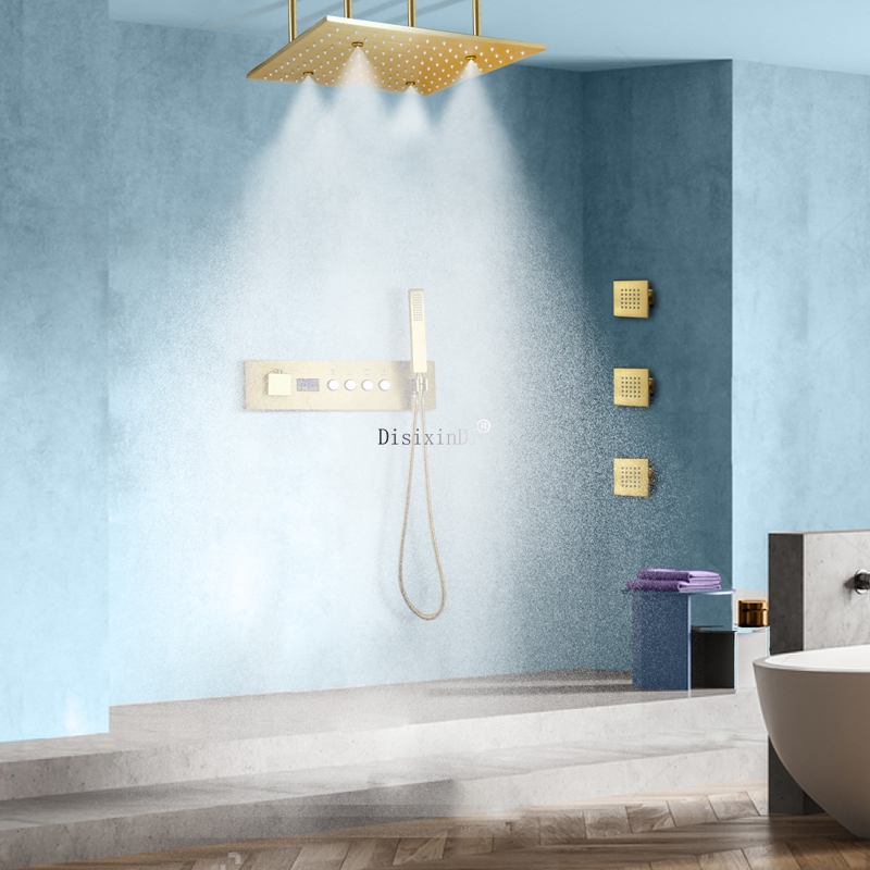Brushed Gold 16 Inches Rainfall Mist Shower Head With LED Digital Display Thermostatic Mixer Conceal LED Shower Set