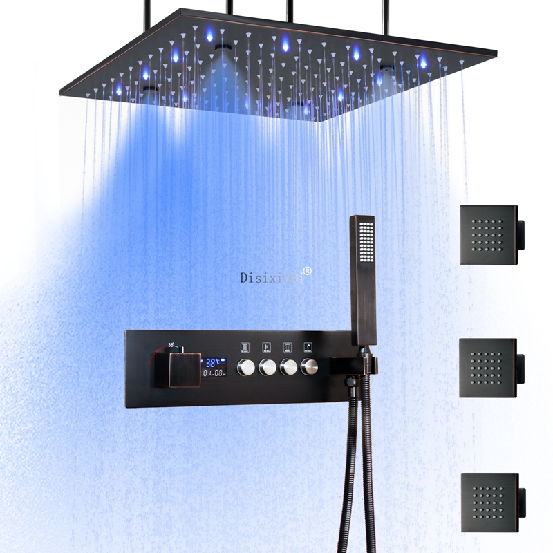 LED Constant Temperature Digital Display Shower Faucet Set Bathroom 16 Inch Rain Mist LED Shower Head With Massage Jet
