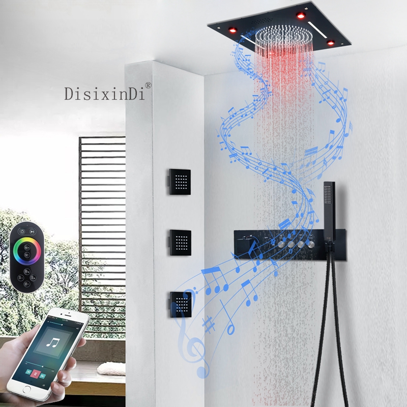 LED Shower System 16 Inch Rain Waterfall Music Shower Head Ceiling Mounted Bathroom Thermostatic Shower Mixer Set