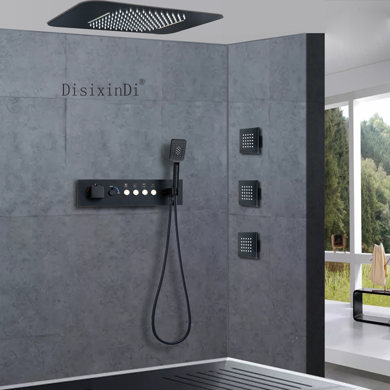 Ceiling 23*15 Inch LED Shower Head with Music Speaker Rain And Waterfall Shower Bathroom Thermostatic Shower Faucet Set