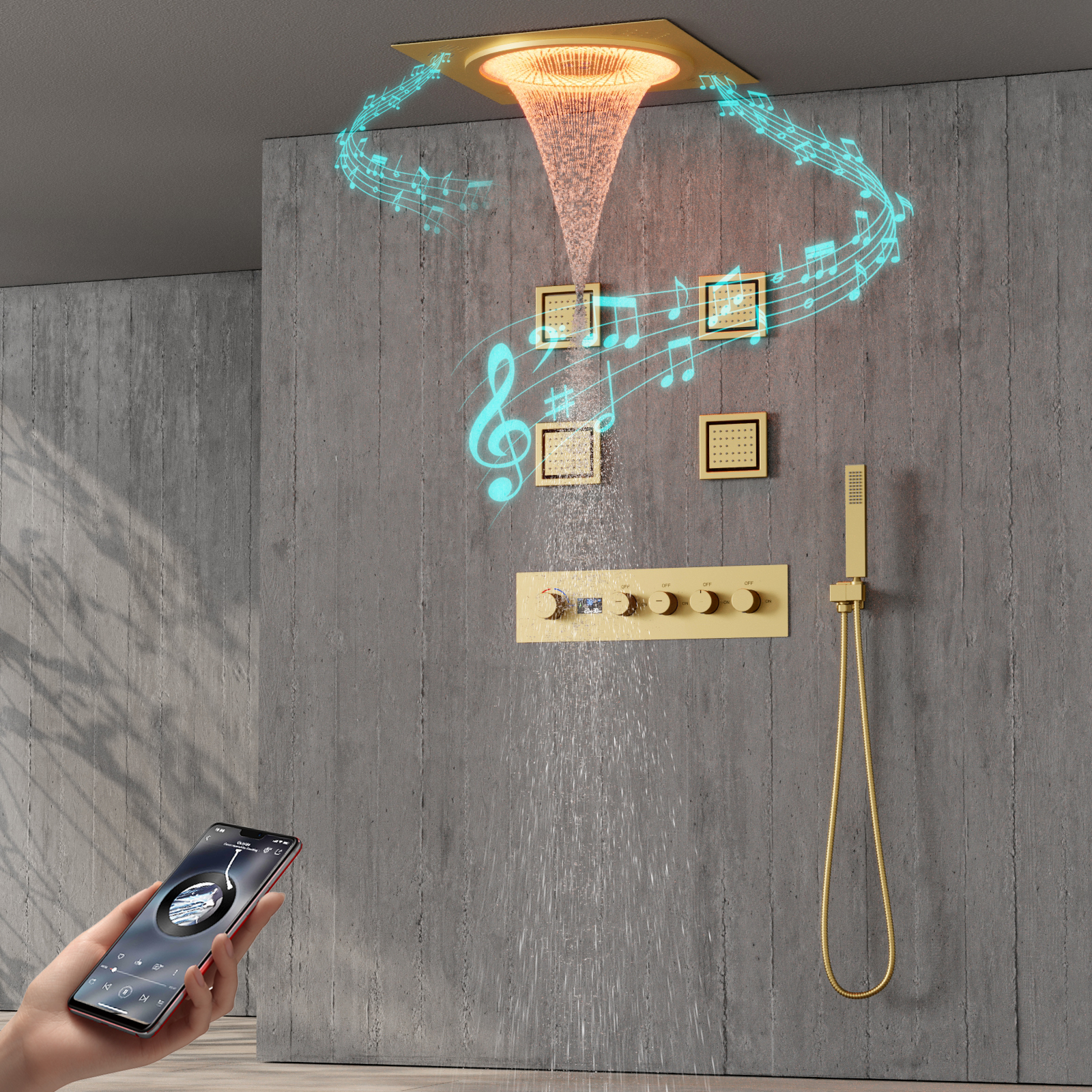 New Design Deluxe Digital Display 5 Features Shower Head Rain Shower with LED And Music Wall Mounted Shower Faucet Set