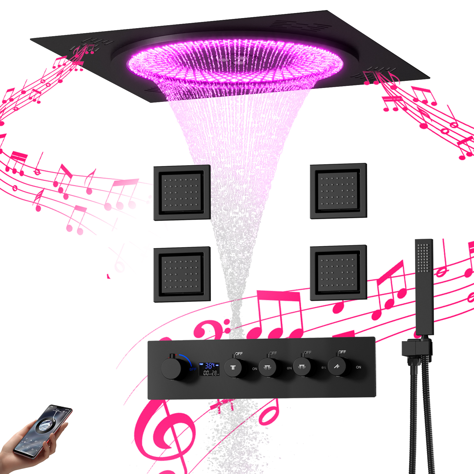 Whole Body Thermostatic Shower System LED Music Rain Shower Shower System Ceiling Mounted Water Bathroom Faucet