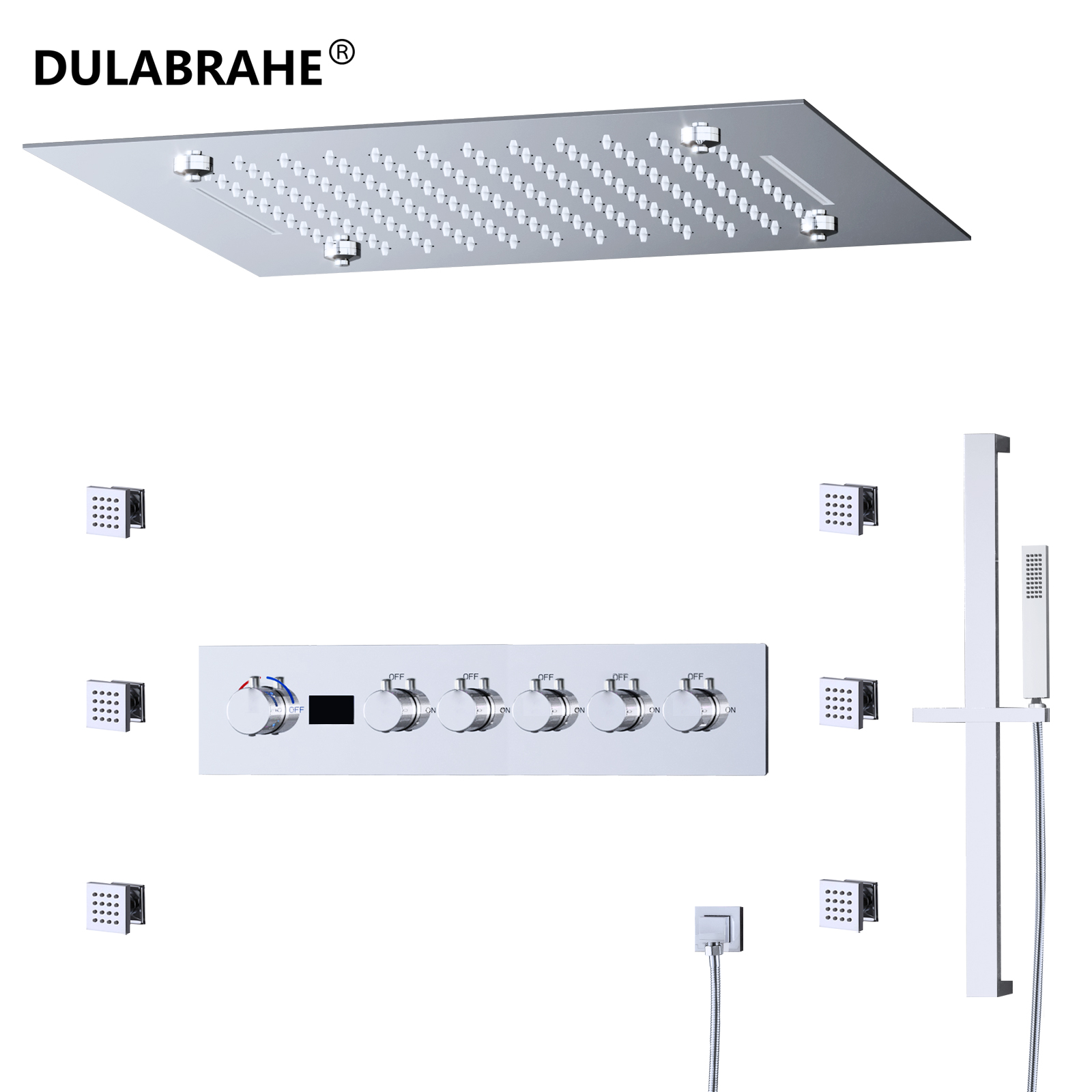 5-feature Luxury Bathroom Shower Faucet Chrome-plated Glitzy LED Wall-mounted Hot & Cold Shower Rain Set with Music