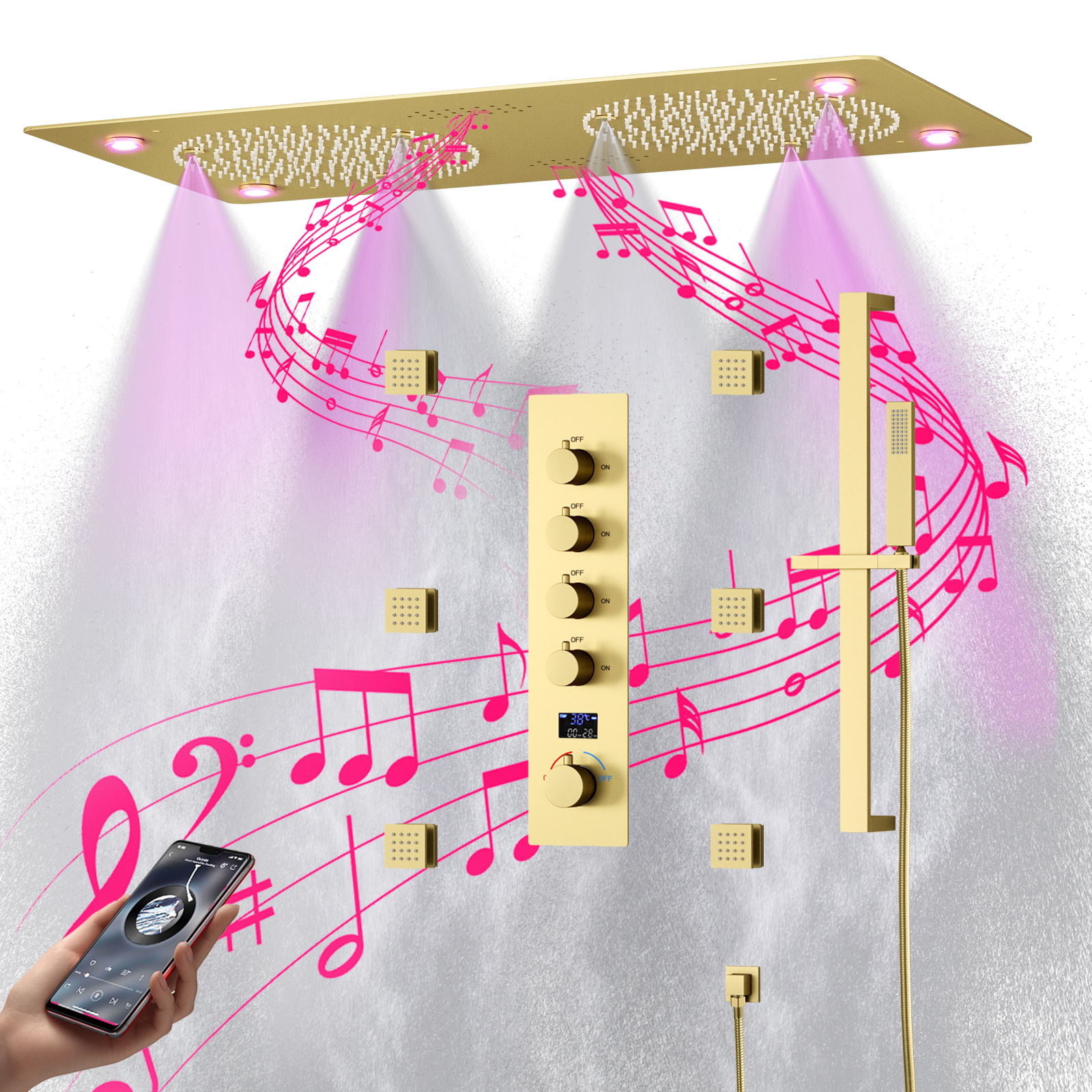 Hidden Ceiling Brushed Gold LED Music Shower System Thermostat Bathroom Shower Set with Lift Lever Handheld Shower